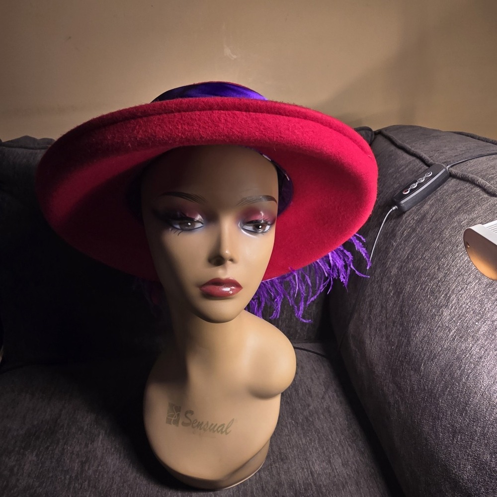 Red Hat Society Callanan Red Wool Hat Purple Feather Wide Brim‎ Dress Hat